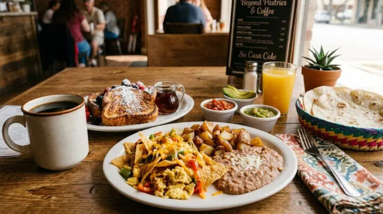 A vibrant, sunlit photograph of a complete Tex-Mex and sweet breakfast spread on a rustic wooden table.