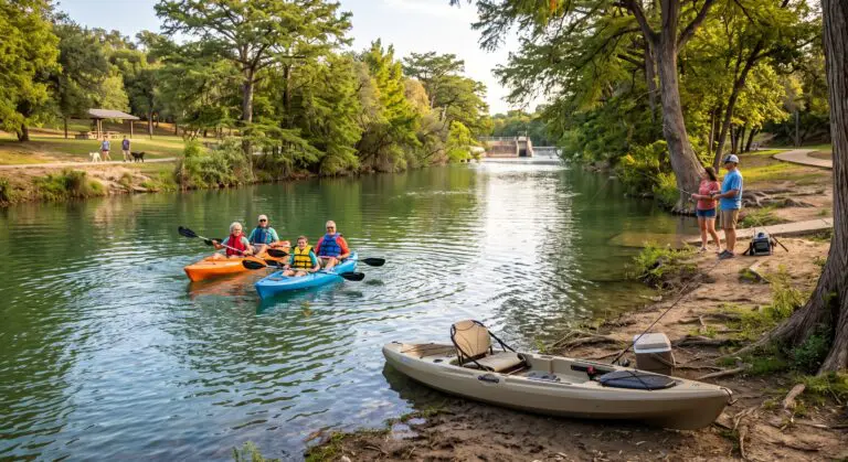 Kayakers and fishers on the Guadalupe River in Max Starcke Park, Seguin.