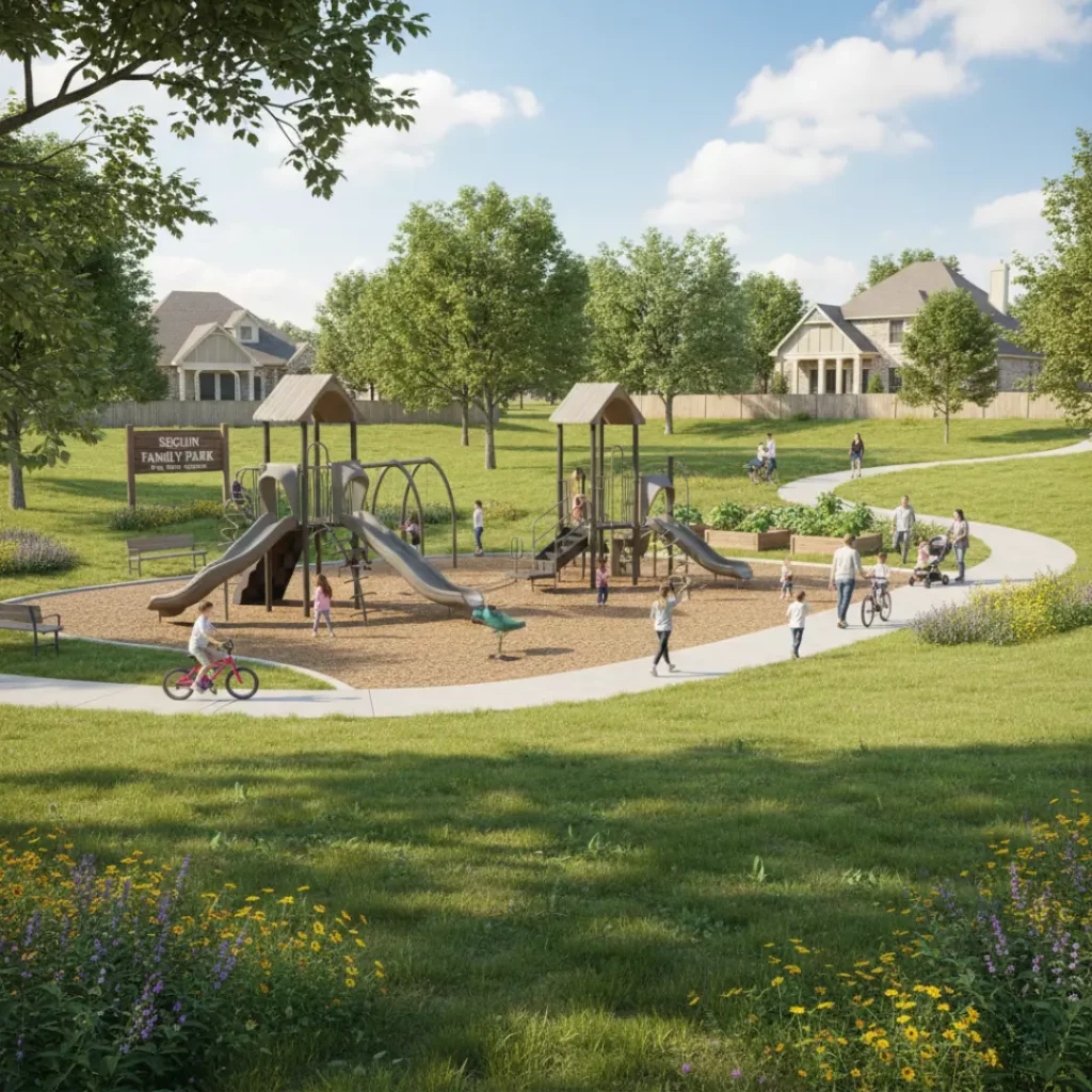 a bright, well-maintained suburban park in Seguin, Texas, with open green space