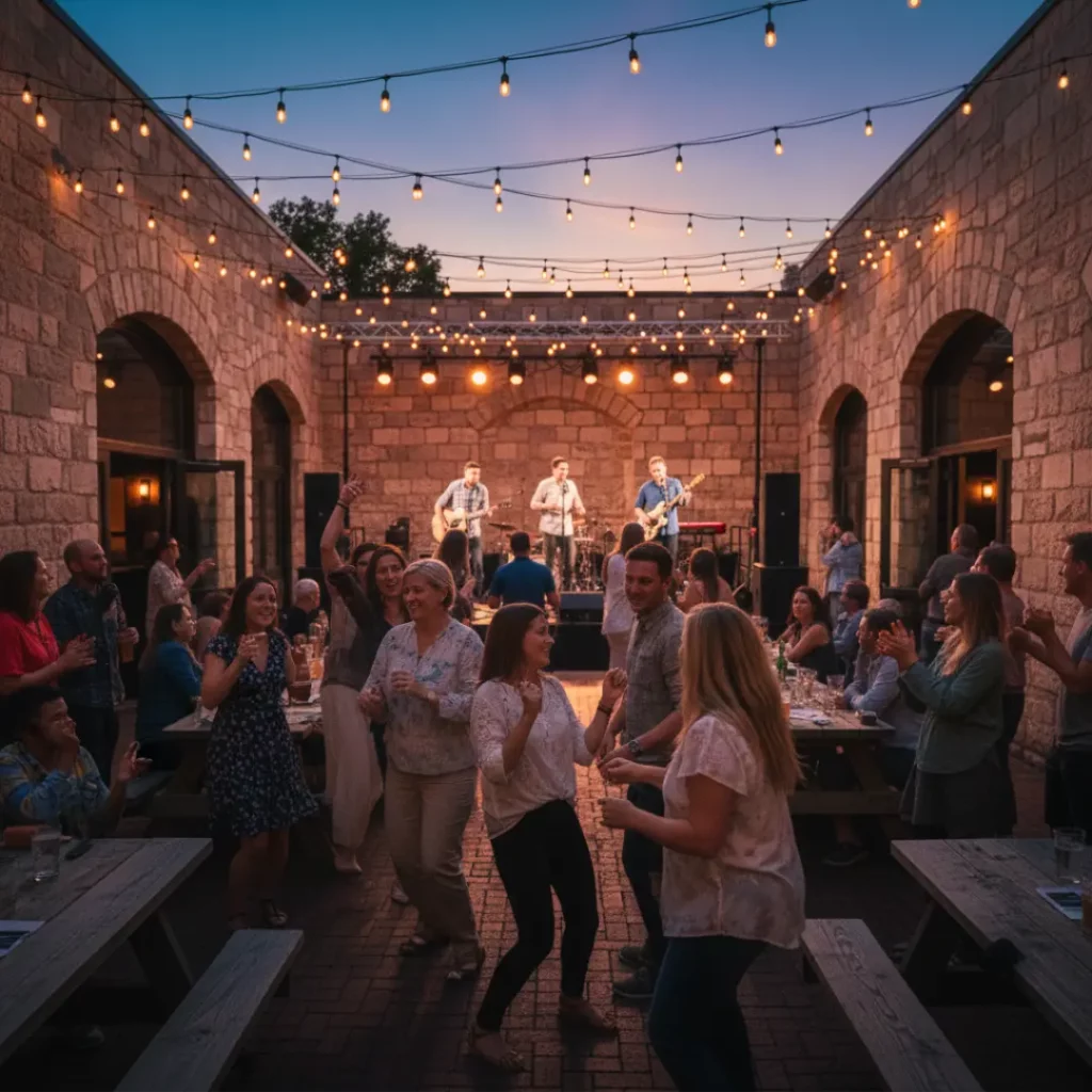 People dancing and clapping in a stone-walled outdoor courtyard at night while a band plays on a small stage under crisscrossing string lights.