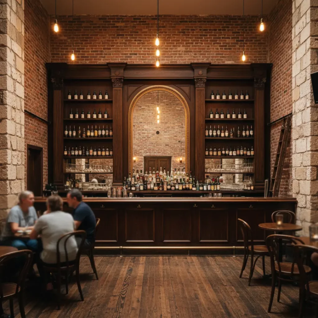 Interior of a rustic bar with high ceilings, exposed stone walls, a large ornate wooden liquor cabinet, and warm hanging pendant lights.