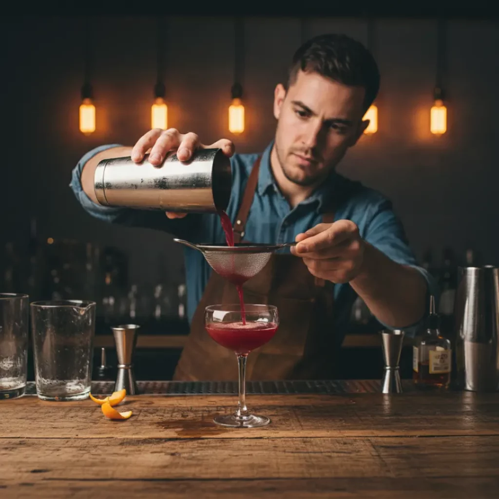 A skilled bartender double-straining a vibrant red craft cocktail, highlighting the artisanal quality of Seguin’s nightlife.