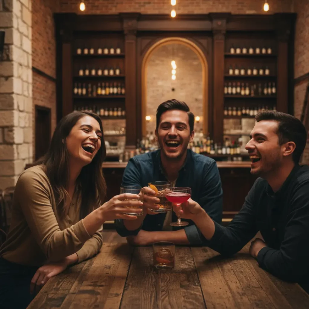 Three young adults laughing and clinking glasses over a wooden table in a dimly lit, cozy bar with a historic stone wall.