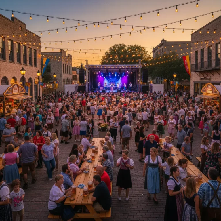 A high-angle shot of a crowded street festival at dusk with people sitting at long picnic tables and a large concert stage with purple lighting in the background.