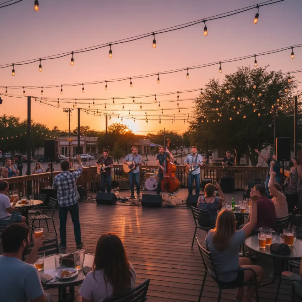 A live band playing on an outdoor wooden patio at sunset with patrons sitting at tables under glowing string lights.