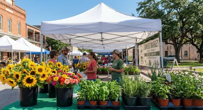 A lively outdoor market scene under white canopy tents where people are browsing a table stacked with bright yellow sunflowers, colorful zinnias, and potted herbs.