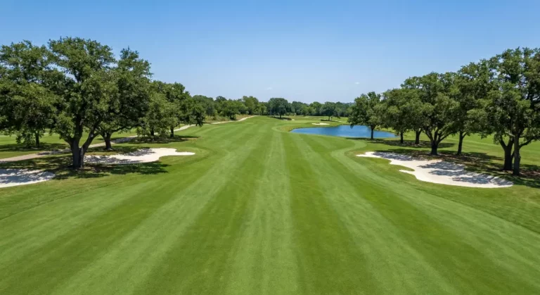 A wide, lush green golf fairway lined with trees, sand bunkers, and a small pond under a clear blue sky.
