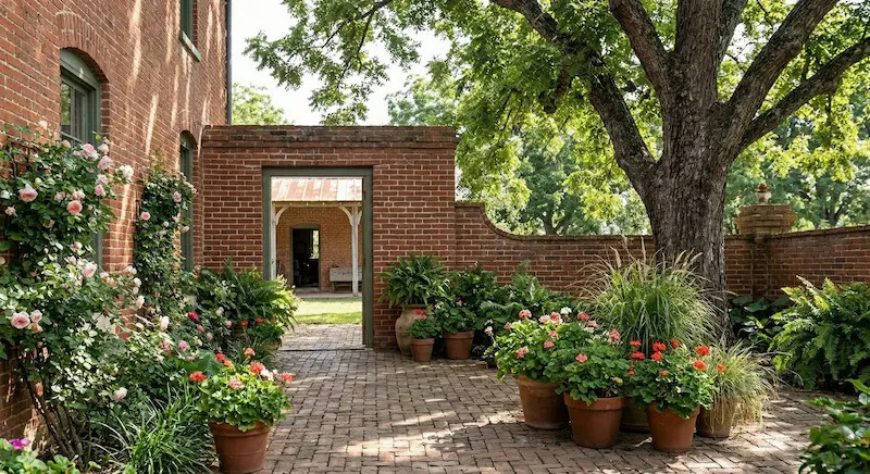 A sunlit brick courtyard with a large shade tree, featuring dozens of terracotta pots filled with pink and red flowers leading toward a brick archway.