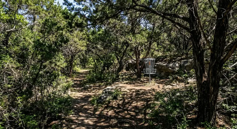 A metal disc golf basket stands in a shaded, wooded area with rocky terrain and dense green foliage.