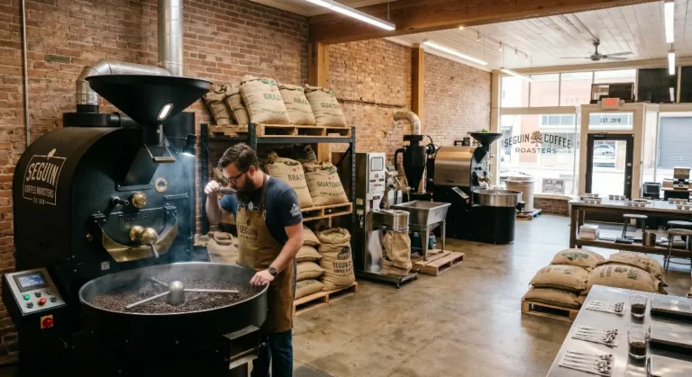 An indoor shot of an industrial coffee roasting facility with brick walls and concrete floors. On the left, a man with a beard and an apron checks a large, steaming black Probat coffee roaster filled with beans. In the background, pallets hold large burlap sacks of coffee beans labeled from Brazil and Guatemala. Additional roasting and packaging machinery are visible across the spacious room, and a stainless steel table with cupping spoons and coffee samples sits in the foreground on the right.